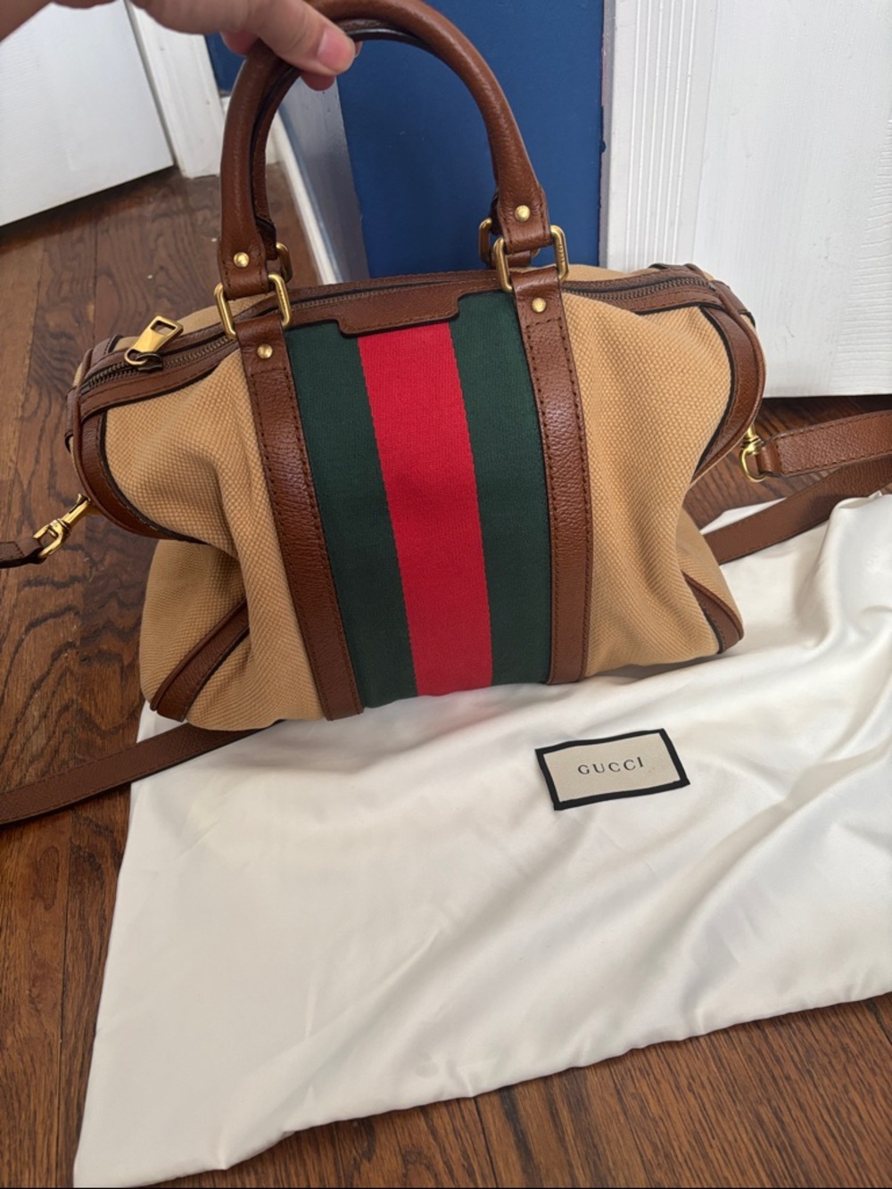 Gucci Beige Canvas Boston Bag with Brown Leather and Red-Green Stripe